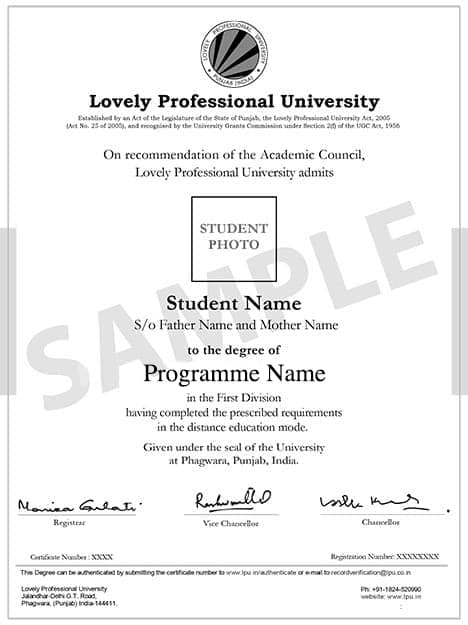 LPU Online degree sample.