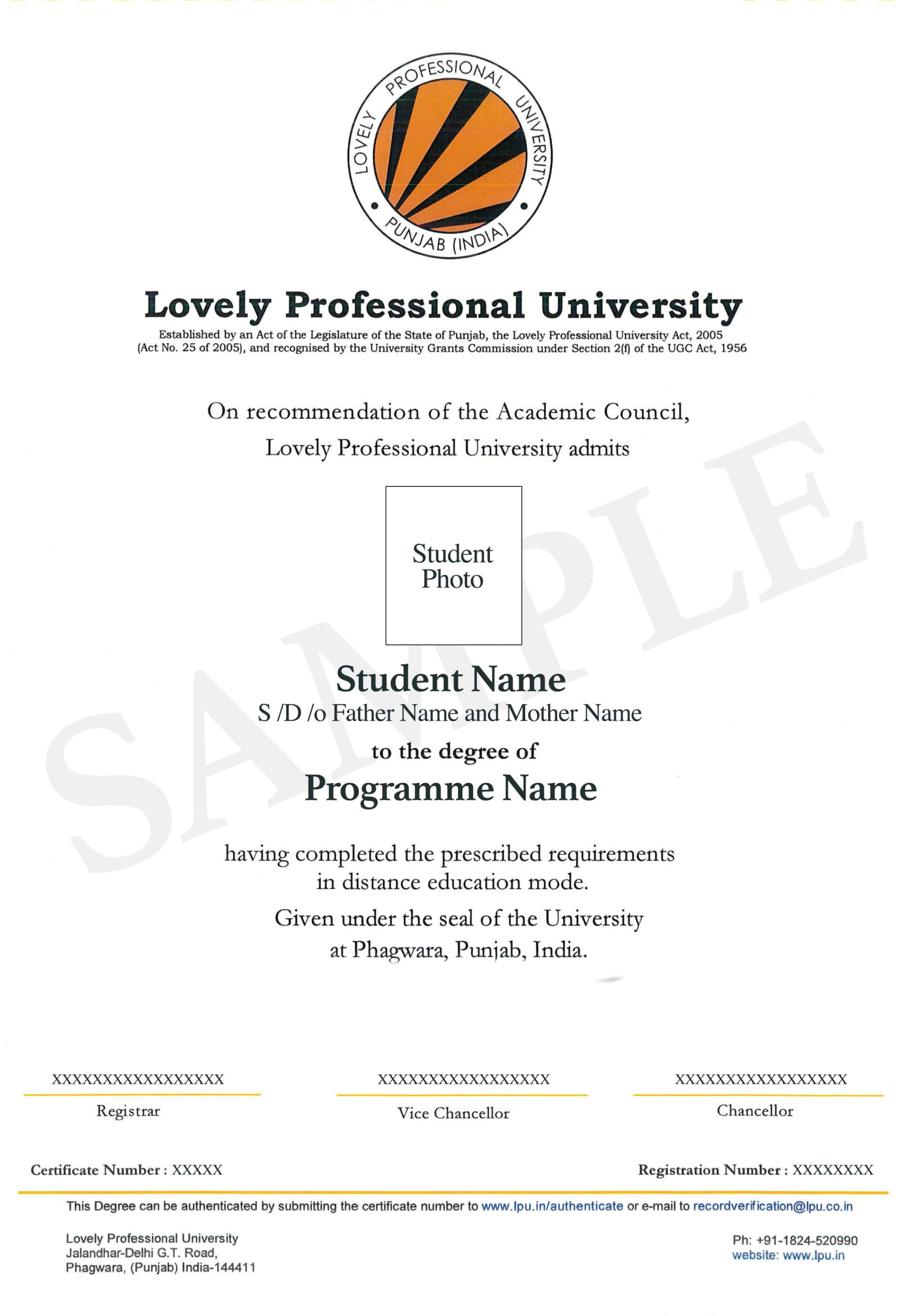 LPU Online degree sample.
